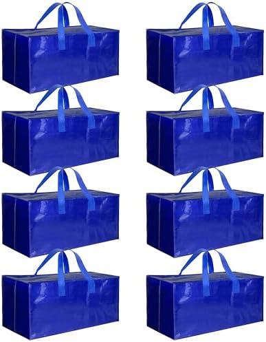 HealSmart 8 Pack Extra Large Moving Bags with Zippers & Carrying Handles, Heavy-Duty Storage Tote Moving Boxes for Dorm Room Essentials Storage Bags, Blue by HealSmart