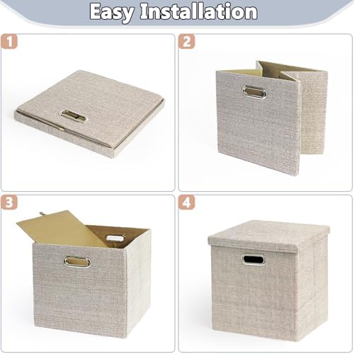 Storage Bins with Lids,13 x 13 Inch Foldable Fabric Cube Baskets Boxes Organizer for Closet, Shelves, and Home. (Khaki, (13x13) 3 pack) - Image 5