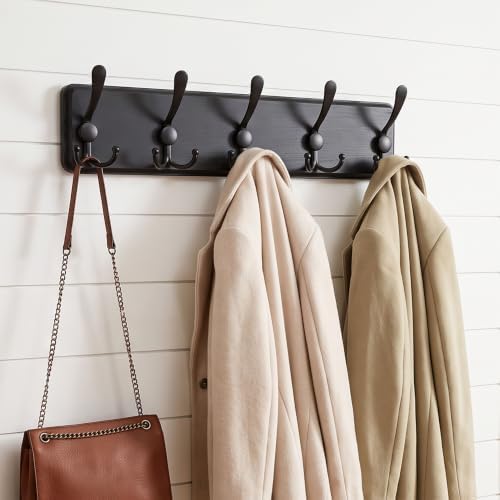 WEBI Rustic Coat Rack Wall Mount,Wood Coat Hooks Wall Mounted Coat Hanger,16" Hole to Hole,Hook Rack Rail,5 Triple Hooks for Hanging Coats,Hats,Jacket,Clothes,Entryway,Black,2 Packs - Image 2