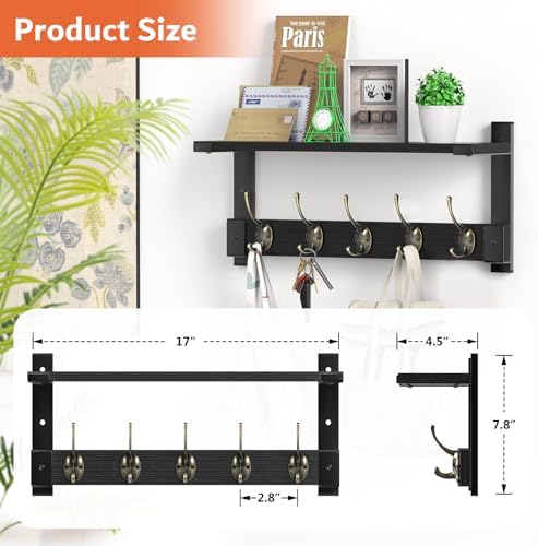 Oraich Wall Hooks with Shelf, Coat Rack Wall Mount with Hooks for Coat Backpack Key Clothes Hanger, Wall Floating Shelf Hanging in Entryway, Living Room, Bathroom, Kitchen(Black Brown & Black) - Image 5