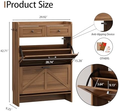 Shoe Cabinet with 2 Flip Drawers & 2 Top Drawers, 43" Tall Freestanding Narrow Wooden Shoe Storage Organizer for Entryway, Hidden Slim Shoe Rack for Front Door Entrance, Hallway, Living Room, Walnut - Image 2