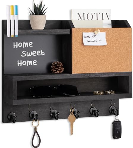 Key Holder for Wall Mount with Mail Organizer, Farmhouse Key Holder for Wall with Shelf, Chalkboard&Corkboard, Entryway Organizer 11 Metal Hooks, Decorative Natural Pine Wood, 14.6*11.1*3.3”, B-Black by FIPUTE-MakesLifeEasier
