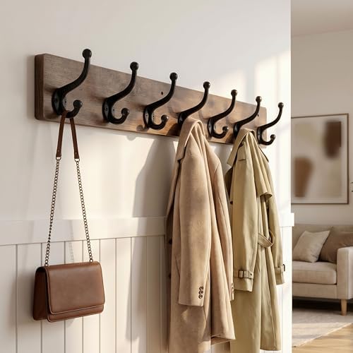 WEBI Rustic Coat Rack Wall Mount,30" Long 7 Cast Iron Coat Hooks Wall Mounted,Heavy Duty Wood Wall Coat Hanger Hooks for Hanging Coats,Jacket,Clothes,Backpack,Farmhouse,Rustic Brown - Image 2