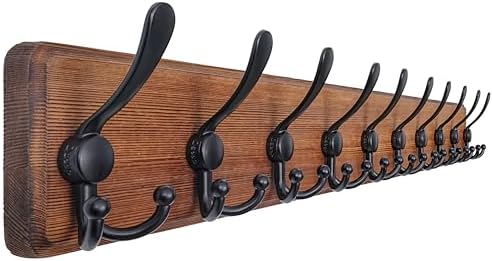 Dseap Coat Rack Wall - Heavy-Duty 38-1/4" Long, with Reinforced 10 Custom Tri-Hooks, Solid Wood Wall Hanger for Coats Hat Jackets - Rustic Farmhouse Entryway Hallway Storage, Natural & Black by Dseap