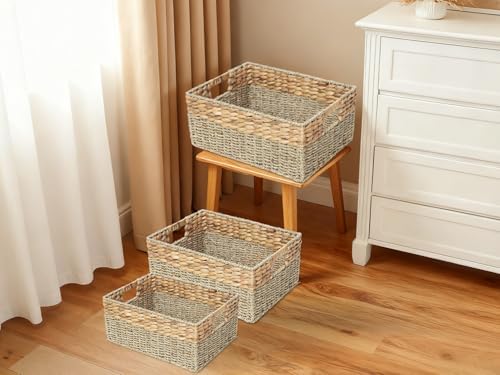 YAHUAN Natural Water Hyacinth & Seagrass Woven Storage Baskets – Wicker Storage Basket Organizer Bins with Handles for Home & Office Pantry Shelf (Set of 3) - Image 5