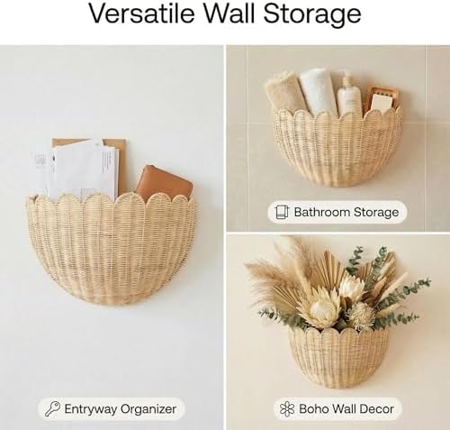 Scalloped Wall Hanging Basket, Hand Woven Rattan Wall Storage Shelf for Home, Boho Wall Decor for Bathroom, Living Room, Nusery Room (16" x 10" x 7") - Image 4