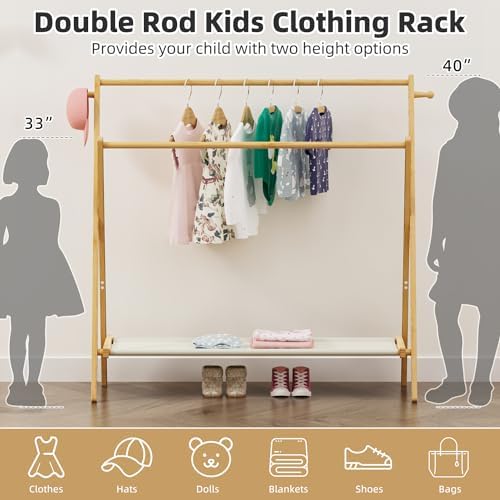BAMBOOHOMIE Kids Clothing Rack With Storage Shelf & Double Rods, Foldable Dress Up Clothes Rack for Toddler Nursery, Child's Room, 100% Natural Bamboo (Large Size) - Image 4