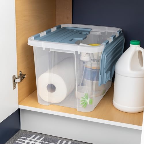 Sterilite 18 Pack Hinged Lid Storage Box, 30 Qt Plastic Container, Washed Blue - Home Organizer Tote for Storing Shoes, Crafts, Clothing, or Decor - Image 5