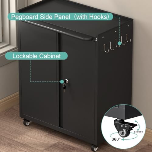 GREATMEET Garage Storage Cabinet with Wheels, Lockable Metal Storage Cabinet, Rolling Tool Cabinet with Adjustable Shelf, Push Handle for Shop, Home, Office, Black - Image 6