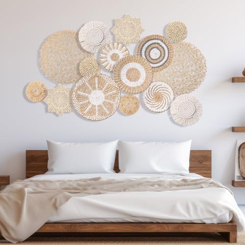 15 Pcs Boho Wall Basket Decor Woven Rattan Seagrass Wall Decor Hanging Rustic Farmhouse Western Art Decoration for Nursery Living Room Bedroom Home Kitchen(Grey White Style) - Image 2