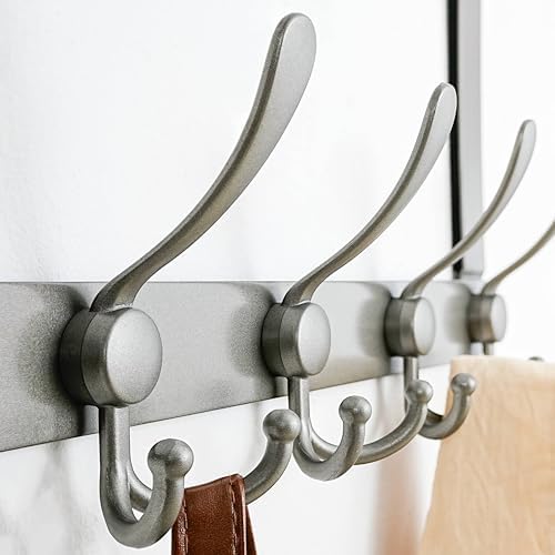 Dseap Over The Door Hook Hanger - Fits 1 3/8" to 1 3/4" Standard Doors | 5 Tri Hooks Heavy Duty Towel/Coat Rack | Door Organizer for Clothes, Jackets, Hats, Towels, Grey, Pack of 2 - Image 2