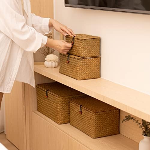 4 Pack, Wicker Baskets with Lids, Natural Seagrass Storage Baskets, Woven Rectangular Basket Bins, Rattan Storage Organizer for Shelf - Image 5
