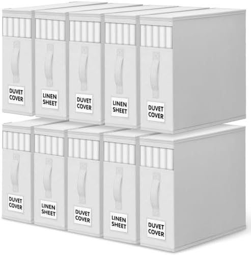WOWBOX Sheet Organizers and Storage,Closet Bed Sheet Organizer Under Bed Storage and Organization with Label Cards & Clear Window for Bedding Sheets,Duvet Covers,Blankets (10 Pack，White) by WOWBOX