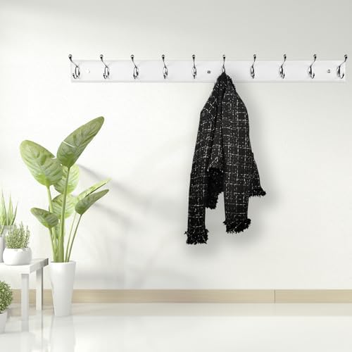 37 Inch Long Wooden Wall Mounted Coat Rack with 10 Silver Chrome Hooks for Entryway and Bedroom to Hang Coats, Hats - Heavy Duty Hooks School Bag - Image 5