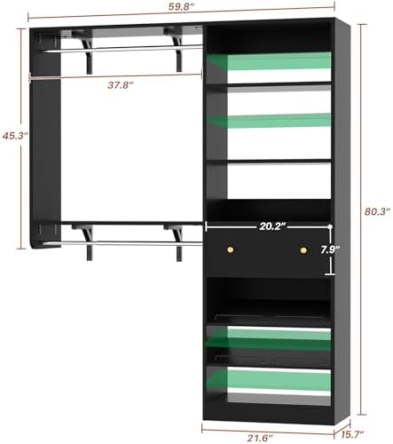 Closet System with Drawer - Reversible 5FT Wood Closet Organizer System with 2 Hanging Rods and Adjustable Shelf, Walk In Closet Organizers with Shoe Rack, Built-In Garment Rack Clothes Rack, Black - Image 3