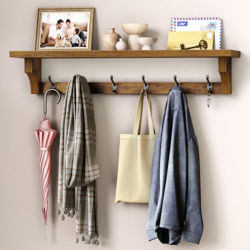 RALGEND 29" Coat Rack Wall Mount Shelf, Entryway Wall Shelf with 6 Metal Hooks, Coat Hangers for Living Room, Modern Wooden Floating Shelves for Bathroom, Bedroom, Kitchen, Rustic Brown 7401BJR1BF by RALGEND