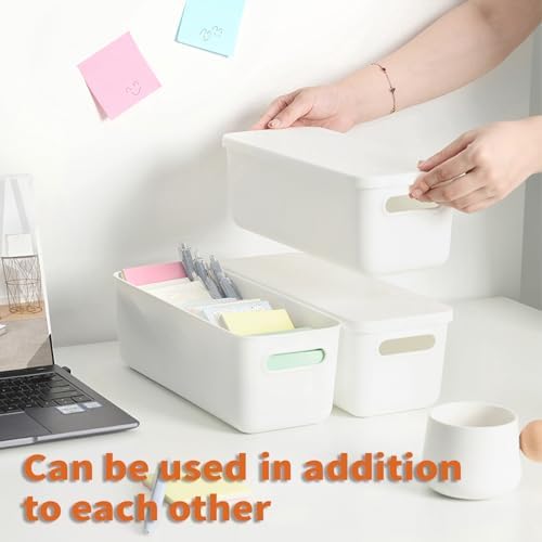 Yishyfier Plastic Storage Baskets With Lid Organizing Container Lidded Knit White Storage Organizer Bins for Shelves Drawers Desktop Playroom Classroom Office (8XS) - Image 3