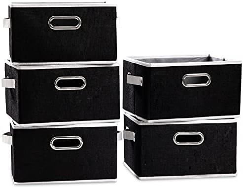 PRANDOM Large Collapsible Storage Bins for Closet [5-pack] Decorative Fabric Storage Baskets Cubes with Leather/Metal Handles for Shelves Bedroom Living Room Black (14.9x9.8x8.3 Inch) by Prandom