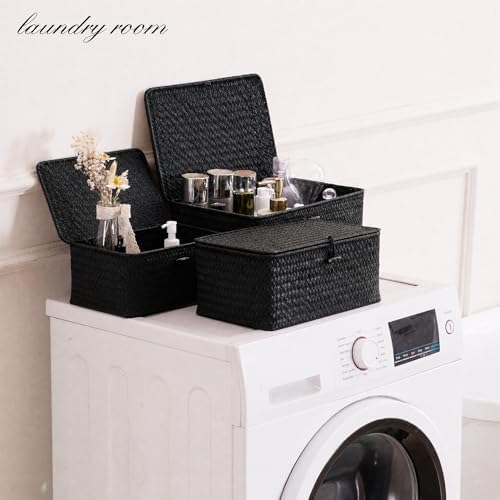 Nonam Wicker Storage Basket with Lid,Seagrass Shelf Basket Set of 3,Black - Image 3