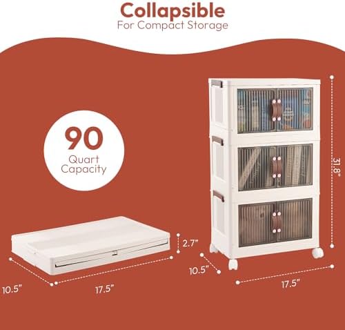 30 QT 3 Tier Folding Storage Bins with Doors – Magnetic Door Foldable Storage Cabinet - Folding Storage Box with Leather Handles - Stackable and Collapsible Storage Container for Books, Pantry - Image 6