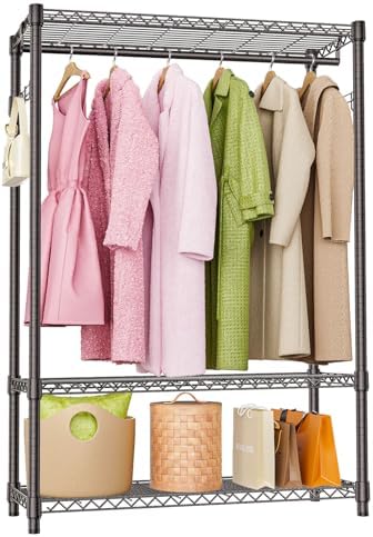 M MZG Heavy Duty Rolling Garment Rack 3 Tiers Adjustable Wire Shelving Clothes Rack with 1 Rods and Side Hooks,Storage Closet Clothing Rack Grey 15.7" D x 45.3" W x 72.4" H by MEIGAOPLASTICANDMETALHKCOLIMITED
