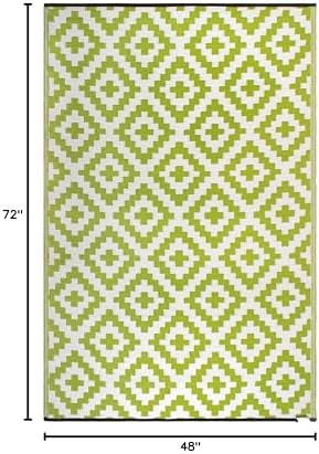 FH Home Outdoor Rug - Waterproof, Fade Resistant, Reversible - Premium Recycled Plastic - Geometric - Patio, Deck, Porch, Balcony, Laundry Room - Aztec - Green & White Crease Free - 4 x 6 ft - Image 2