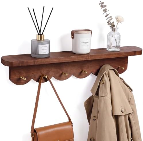 Lewtemi Wall Mount Coat Rack with Shelf 24.5" Scalloped Walnut with 6 Hooks by Lewtemi