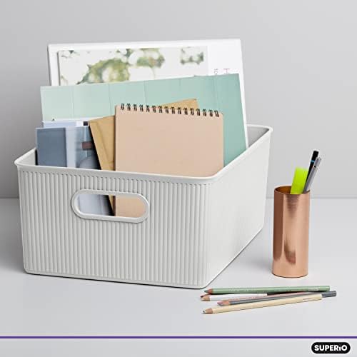 Superio Ribbed Collection - Decorative Plastic Basket Open Home Storage Bins Organizer, White (Set of 3) 1 Large, 2 Medium - Container Boxes for Organizing Closet Storage Bins for Shelves - Image 3