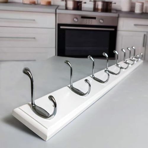 Wooden Wall Mounted Coat Rack 35 inch (90cm) with 8 Silver Hooks, Lang Wood White Coat Hook for Entrance, Hallway, Bedroom, Wall Clothes Hanger by CreativityChangesLife