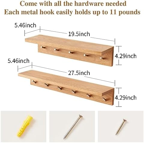 Oak Wood Coat Rack Wall Mount With Shelf 27.5 Inch Long, Entryway Floating Shelf With 6 Hooks for Bathroom, Hallway, Living Room - Image 6