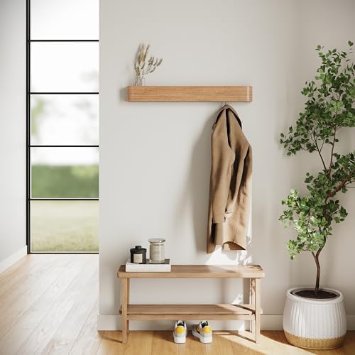 Kazai. Wall-Mounted Coat Rack 'Toke' - Modern Design Coat Rack with Hidden Wall Hooks - Solid Wood Veneer Panel Coat Hanger - Oak - Image 6