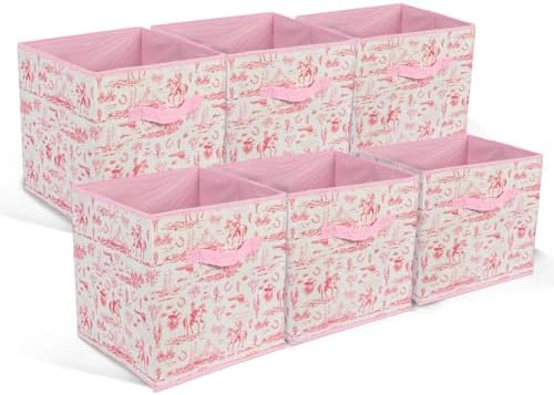 6 Pcs Pink Western Cube Storage Bins 12.5 Inch Cowgirl Storage Basket with Handle, Preppy Girls Organizer Basket, Collapsible Fabric Box for Classroom Bedrooms Office Home Decoration (Pink western) - Image 7
