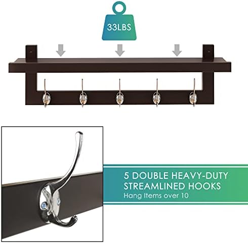 SMIBUY Coat Hooks with Shelf Wall-Mounted, 29.2 Inch Entryway Coat Rack for Wall, Bamboo Hanging Shelf with 5 Double Metal Hooks for Bathroom, Bedroom, Kitchen, Living Room, Mudroom (Dark Brown) - Image 6