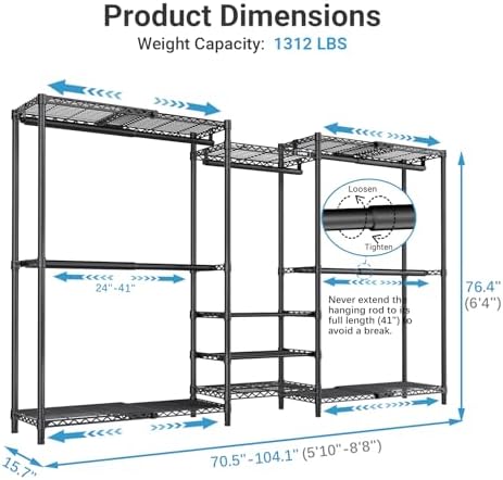 VIPEK X3S Expandable Closet System, Heavy Duty Freestanding Closet Organizer with Shoe Shelves, 5 Hanging Rods & 8 Adjustable Shelves, Fits 5.10 to 8.8 FT, Black - Image 3