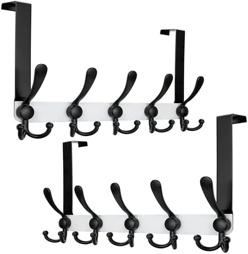 Dseap Over Door Hook 2.0 - Upgraded Version - Simple-Assembly, Strong, Heavy-Duty Stainless Steel 5-Tri-Hook Over The Door Hanger Rack, SimpleStrong Series, White & Black, Pack of 2 by Dseap