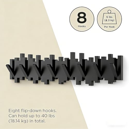 ELECANE Piano Key Wall Mount, Wooden Coat Rack with Flip-Down Magnetic Hooks, Splicable Design Key Holder & Hat Hanger for Entryway, Bedroom, Kitchen Wall Organization (Black, 8 Hooks) - Image 5