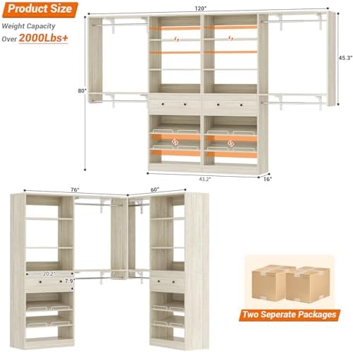 [10 FT Closet System] 120 Inch Reversible Set of 2 Wood Closet Organizer System with 2 Drawers, 4 Hanging Rods Adjustable Shelf, Walk In Closet Organizers with Shoe Rack, Garment Rack, White Oak - Image 3