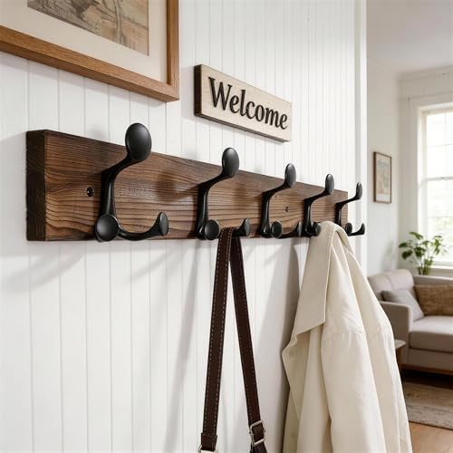 WEBI Coat Rack Wall Mount,30" Solid Wood Coat Hooks Wall Mounted Coat Hanger,16" Hole to Hole,Heavy Duty Hook Rack,5 Triple Hooks for Hanging Coats,Jacket,Hat,Backpack,Farmhouse,Brown - Image 2