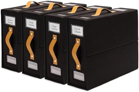 Sheet Organizers and Storage Bags for Bed Sheets, Linen, Blankets, Bedding - Under Bed or Closet Storage Boxes with Dual Handles and Organization Labels - (Black, 4-pack) by HappyHedz