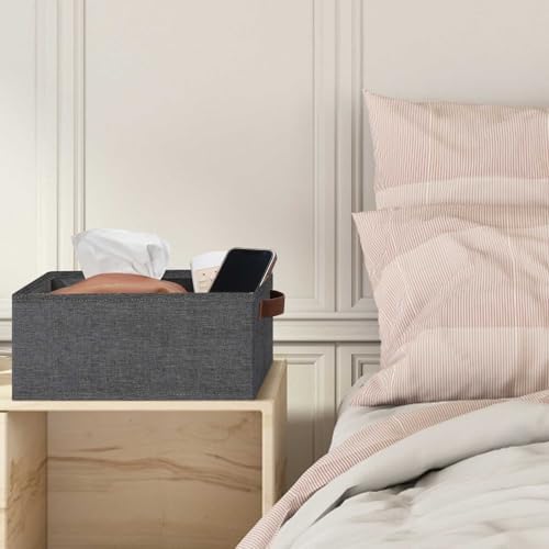 GhvyenntteS Small Fabric Storage Bins 12 Pack, 11.8" x 7.87" x 5.11" Storage Basket with Leather Handles, Closet Storage Bins for Shelves, Storage Baskets for Shelves, DVD Storage (Grey) - Image 7