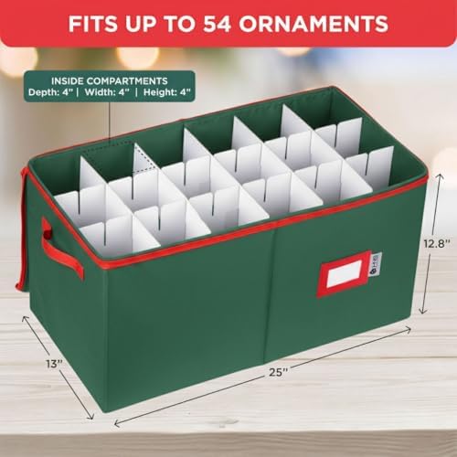 Christmas Ornament Storage Container with Dividers - Box Stores Up to 54 Ornaments, Zippered, Convenient, Adjustable, Large Organizer Bin to Protect Holiday Décor, Fits Most Standard Size, Green - Image 6