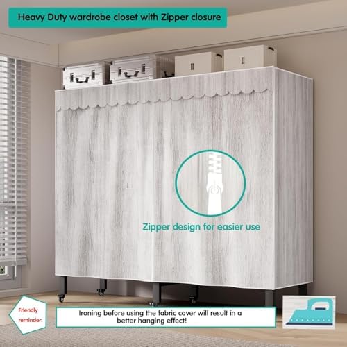 Foldable Clothe Rack with Cover and Wheel Heavy-Duty Portable Closet Wardrobe Freestanding Metal Clothing Rack Armoire Rolling Garment Racks Closet System (Gray Zipper, 71in) - Image 3