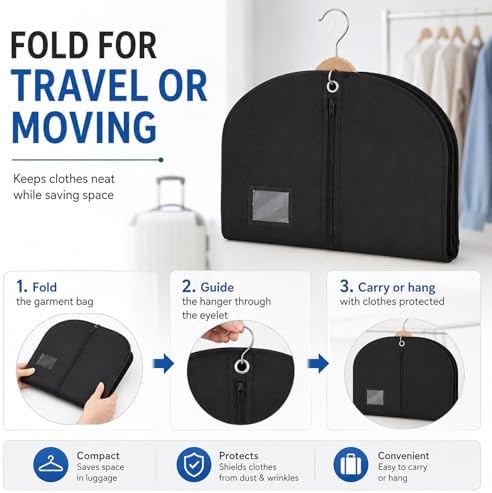 25 Pack Black Non-Woven Garment Bags for Hanging Clothes, 24 x 43 Inch Suit Bags with Clear Window and ID Card Holder, Dustproof Clothes Covers with Zipper for Suits Coats, Jackets, Dresses and Shirts - Image 6