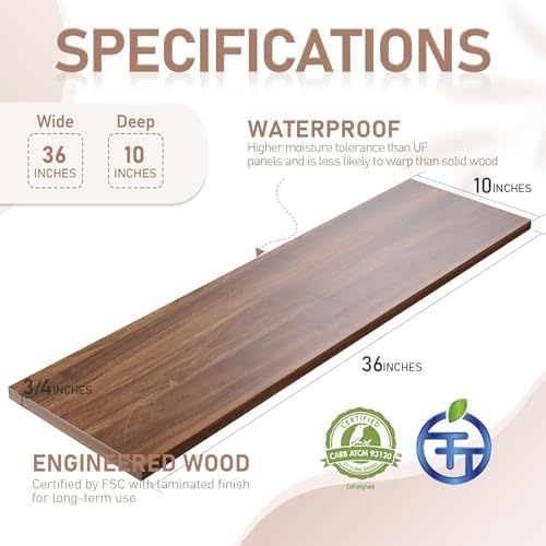 Kaboon 36 inch Long 10 inch Deep Floating Shelves for Wall Set of 2, Large Open Shelves Wall Mounted, Space Saving Home and Commercial Use, Walnut - Image 3