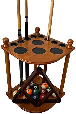 Floor Pool Cue Rack Hold 8 Cue Sticks & Billiard Accessories. Corner Stand Pool Cue Holder Made of 100% Solid Hardwood. Provided Ball Rack Hook. CUE RACK ONLY (Classic Oak) - Image 5