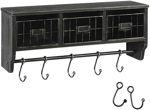 BizChair Wall Mounted Storage Rack - Blackwashed Solid Pine Wood - 24 Inch - Upper Shelf - 5 Hooks - Wire Baskets - For Entryway, Kitchen, Bathroom - Image 4