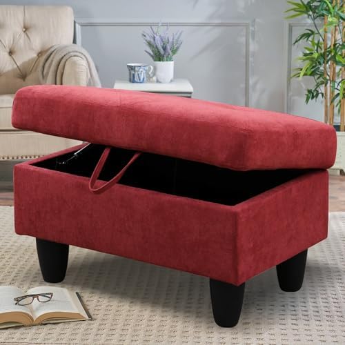 28.5'' Ottoman with Storage, Flannel Ottoman Foot Rest for Living Room Upholstered Footstool, Perfect Storage Ottoman Bench Bag Floor Chair for Bedroom or Entryway, Red by SumKeaVideoSewerCameraSystem