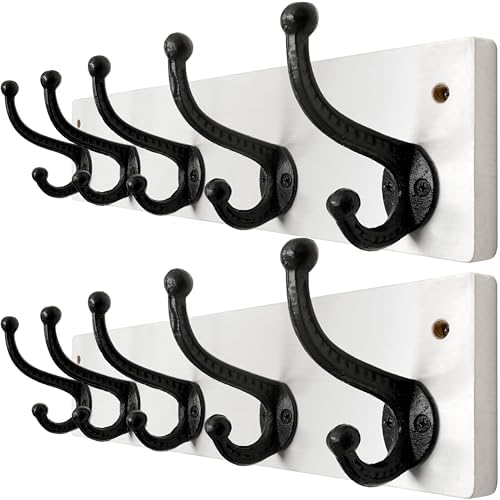 WEBI Rustic Coat Rack Wall Mount,5 Cast Iron Coat Hooks Wall Mounted,Heavy Duty Wall Coat Hanger Hooks for Hanging Coats,Clothes,Black on White,2 Packs by WEBI