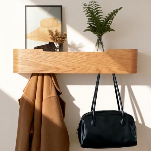 Coat Rack Wall Mount with Shelf Entryway Shelf Modern Key Holder Hanger Wall Shelves with Hidden Hooks for Hanging Towels Coats Hats Bags for Hallway Bathroom Bedroom (Oak, 5 Hooks) by FURNAWAY