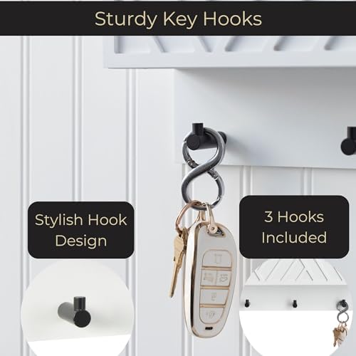 BLU MONACO | Wall Mount Key Holder with Mail Organizer | Wooden Command Center with 3 Hooks and 2-Tier Letter Pockets | Entryway Mail Sorter & Key Rack | White Geometric Wall Organizer for Office Home - Image 5